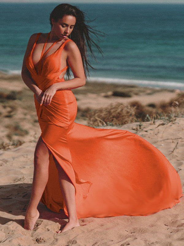 Sheath/Column Jersey Ruched V-neck Sleeveless Sweep/Brush Train Dresses