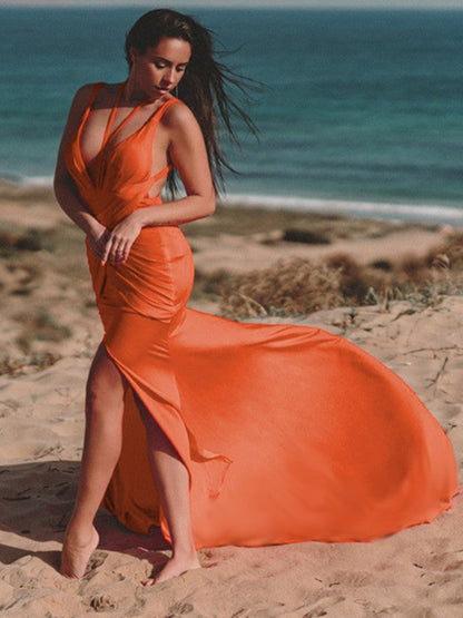 Sheath/Column Jersey Ruched V-neck Sleeveless Sweep/Brush Train Dresses