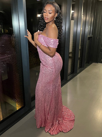 Sheath/Column Sequins Ruched Off-the-Shoulder Sleeveless Sweep/Brush Train Dresses