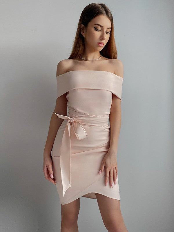 Sheath/Column Crepe Sash/Ribbon/Belt Off-the-Shoulder Sleeveless Short/Mini Dresses