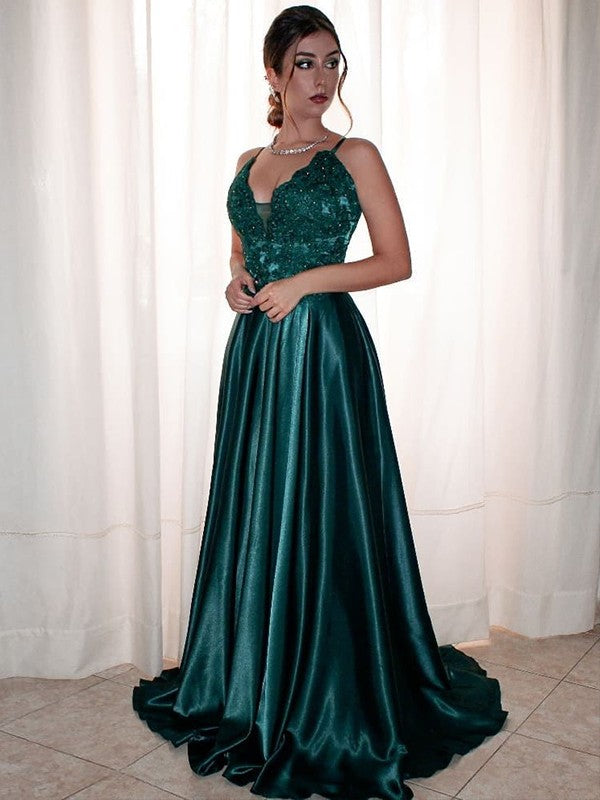 A-Line/Princess Woven Satin Applique V-neck Sleeveless Sweep/Brush Train Dresses