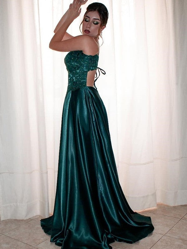 A-Line/Princess Woven Satin Applique V-neck Sleeveless Sweep/Brush Train Dresses