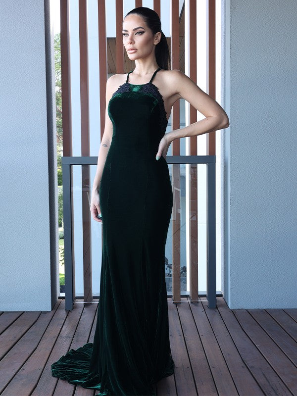 Sheath/Column Velvet Applique Halter Sleeveless Sweep/Brush Train Dresses