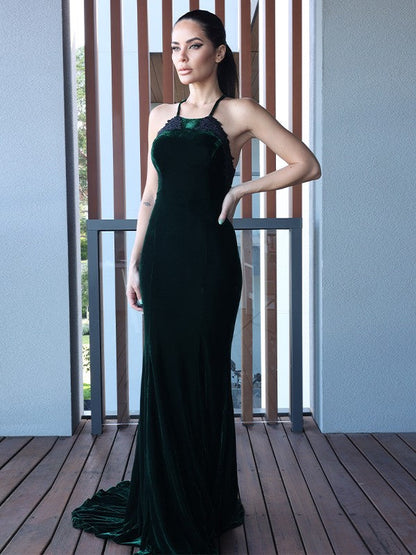 Sheath/Column Velvet Applique Halter Sleeveless Sweep/Brush Train Dresses