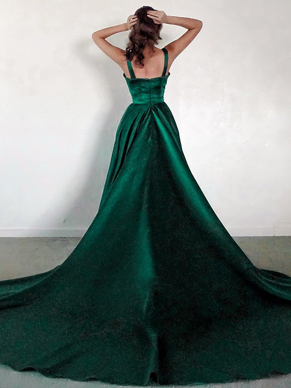 A-Line/Princess Satin Ruched Square Sleeveless Chapel Train Dresses