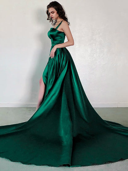 A-Line/Princess Satin Ruched Square Sleeveless Chapel Train Dresses