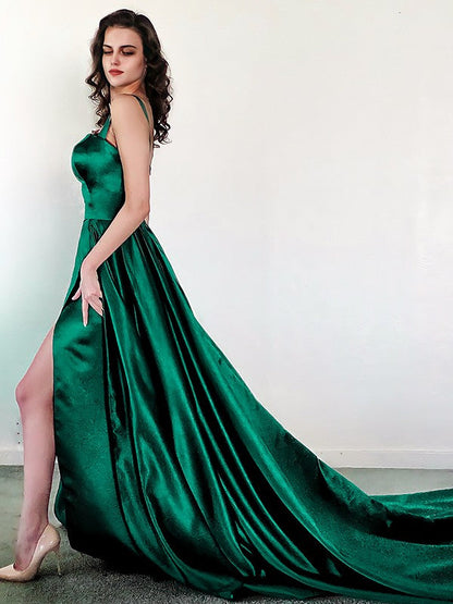 A-Line/Princess Satin Ruched Square Sleeveless Chapel Train Dresses