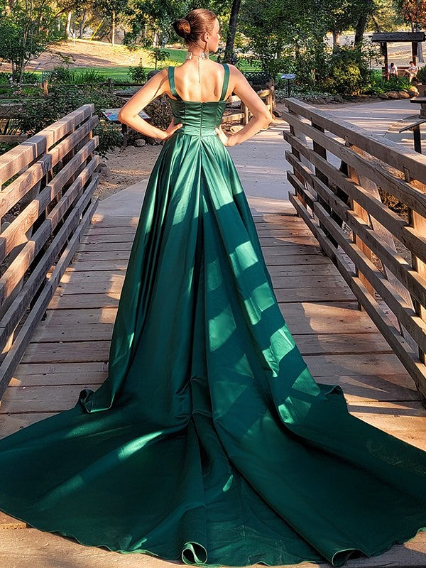 A-Line/Princess Satin Ruched Square Sleeveless Chapel Train Dresses