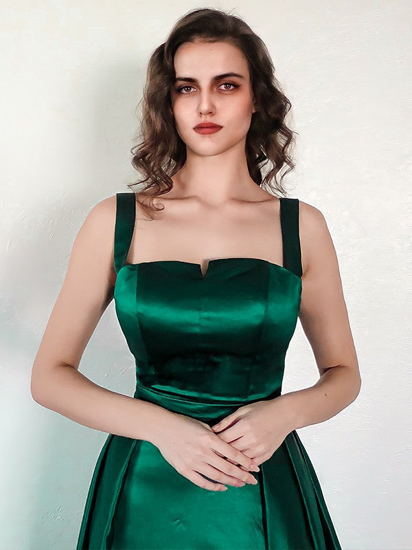 A-Line/Princess Satin Ruched Square Sleeveless Chapel Train Dresses