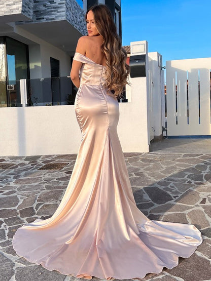 Sheath/Column Silk like Satin Ruched Off-the-Shoulder Sleeveless Court Train Dresses