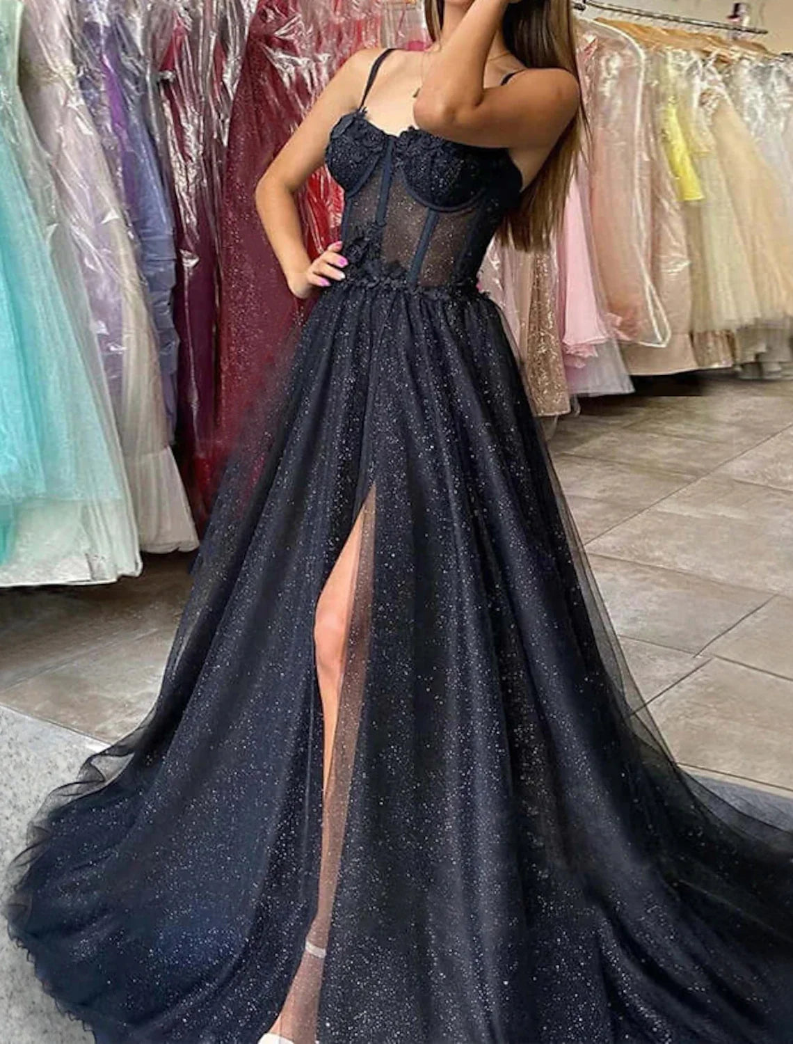 A-Line Prom Dresses Glitter Black Dress Plus Size Wedding Dresses Formal Gothic Dress Floor Length Sleeveless Sweetheart Spaghetti Tulle with Slit 2026