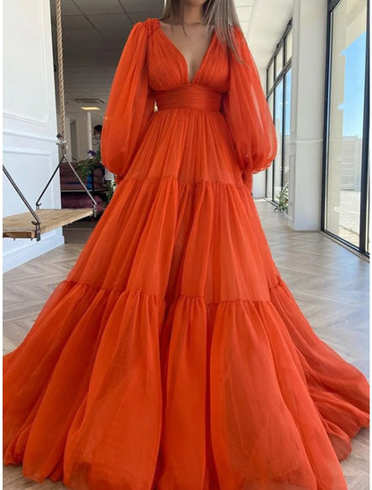 A-Line Evening Gown Elegant Dress Red Green Dress Formal Wedding Guest Floor Length Long Sleeve V Neck Chiffon with Ruched