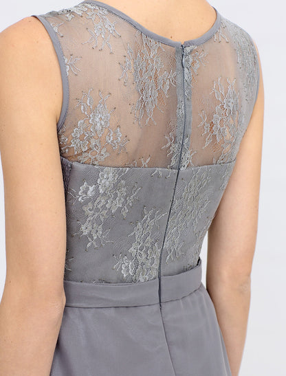 A-Line Mother of the Bride Dress Fall Wedding Guest Dresses Plus Size Elegant Illusion Neck Tea Length Chiffon Corded Lace Sleeveless Wrap Included with Lace Pleats