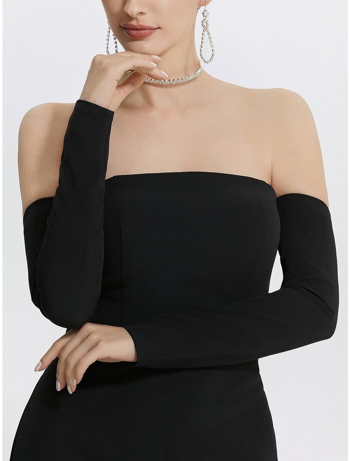 Mermaid Evening Gown Black Dress With Gloves Formal Wedding Guest Floor Length Long Sleeve Strapless Fabric with Slit