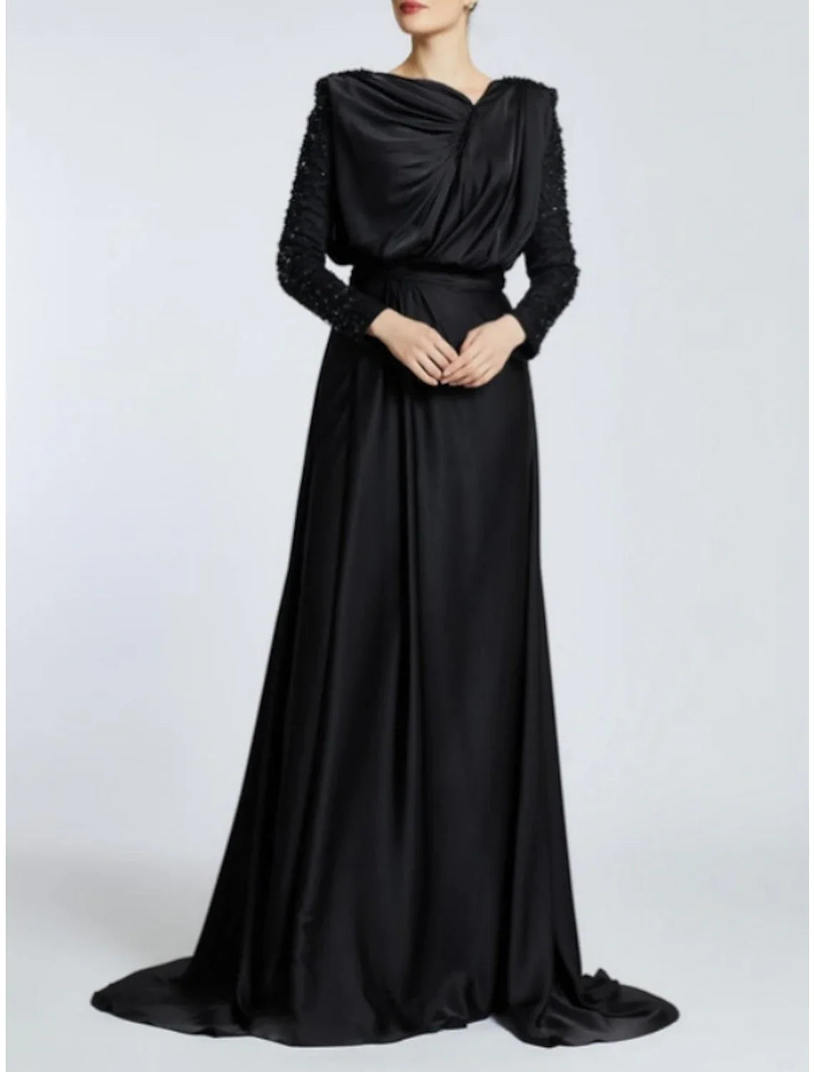 A-Line Evening Gown Black Dress Plus Size Elegant Dress Formal Sweep / Brush Train Long Sleeve Jewel Neck Satin with Pleats Sequin