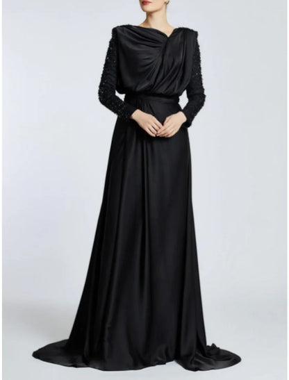 A-Line Evening Gown Black Dress Plus Size Elegant Dress Formal Sweep / Brush Train Long Sleeve Jewel Neck Satin with Pleats Sequin