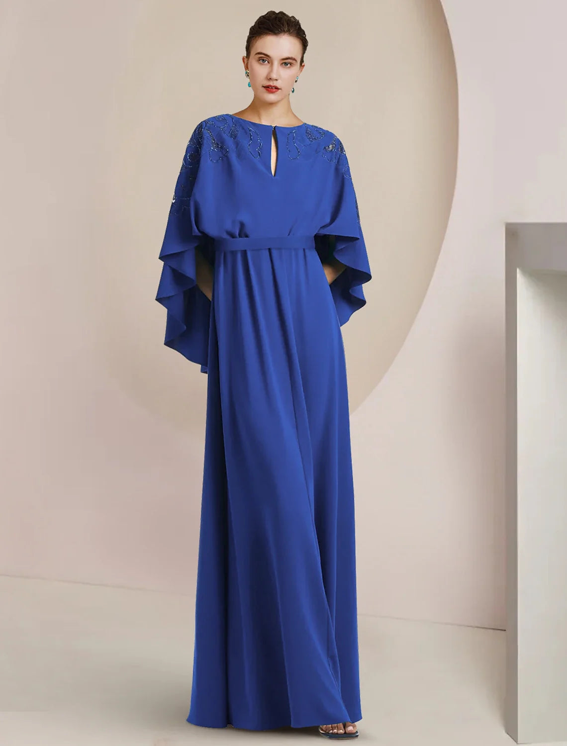 A-Line Mother of the Bride Dress Formal Wedding Guest Elegant V Neck Floor Length Chiffon Sleeveless with Beading