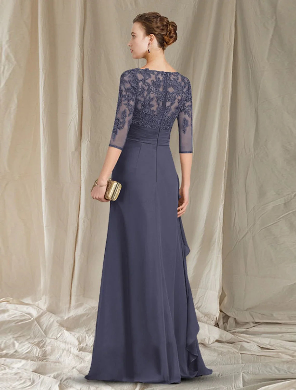 Sheath / Column Mother of the Bride Dress Plus Size Elegant V Neck Floor Length Chiffon 3/4 Length Sleeve with Ruffles Appliques