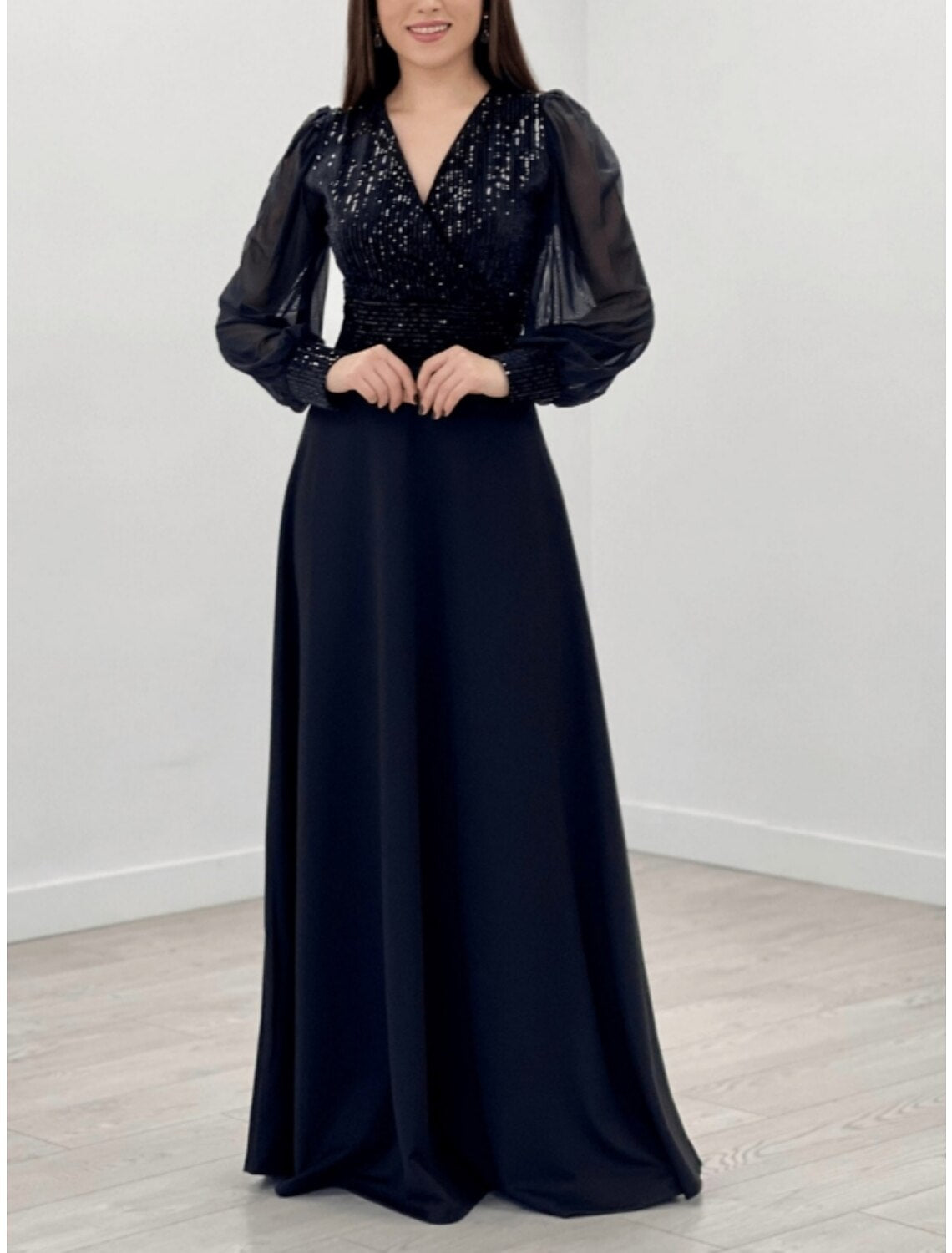 A-Line Evening Gown Sparkle & Shine Dress Formal Wedding Guest Floor Length Long Sleeve V Neck Chiffon with Glitter Pleats