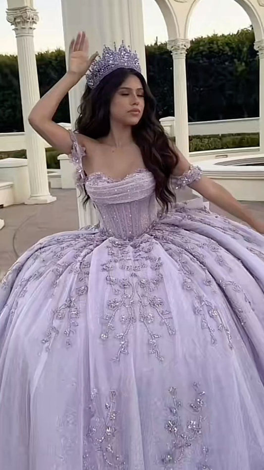 Modest Ball Gowns Off The Shoulder Lilac Lace Tulle Long Quinceanera Dress Prom Gown Vestido De 15 Anos Sweet 16 Dresses