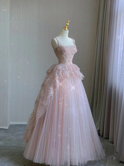 Modest Ball Gowns Straps Pink Tulle Prom Dresses 22Th Birthday Outfit