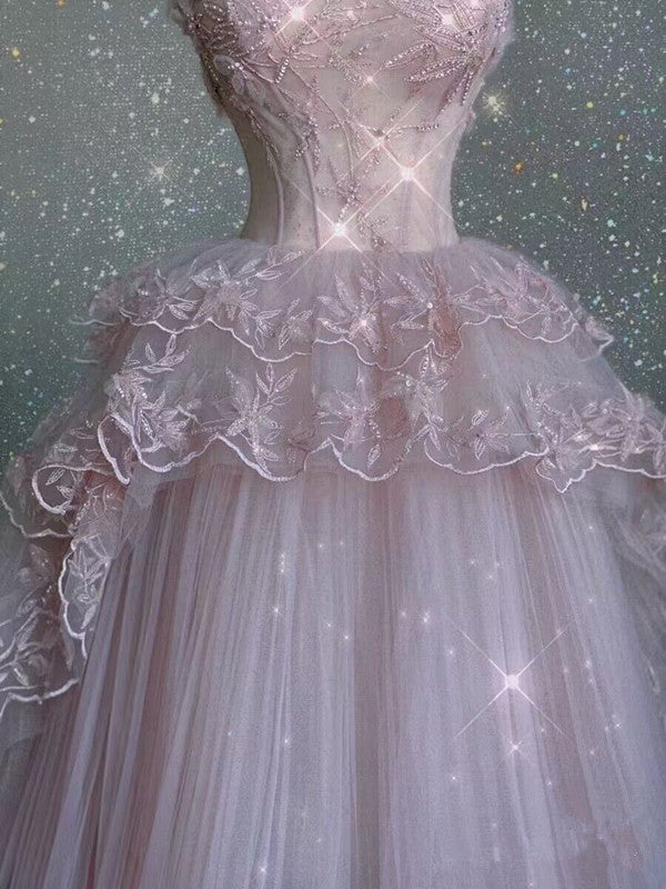 Modest Ball Gowns Straps Pink Tulle Prom Dresses 22Th Birthday Outfit