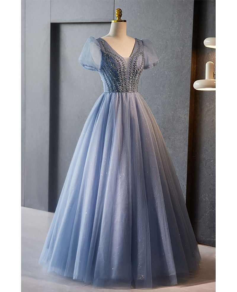Unique and beautiful sky blue beaded rhinestone fluffy short sleeved ball dress with sky blue A-shaped princess V-neck backless strap and ground length evening dress