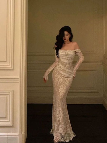 Modest Off The Shoulder Lace Mermaid Long Prom Dresses Prom Gowns For Women