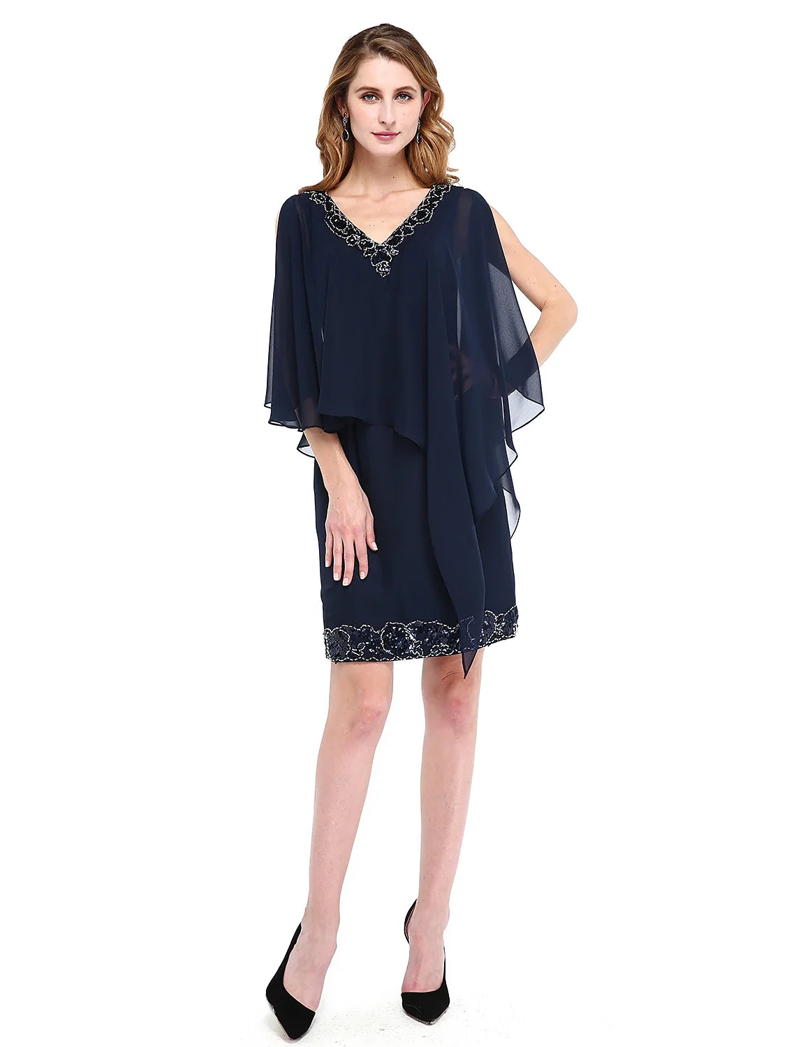 Sheath / Column Mother of the Bride Dress V Neck Knee Length Chiffon Sleeveless No with Beading Sequin