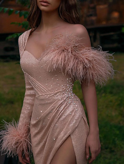 Mermaid / Trumpet Evening Gown Maxi Dress Wedding Guest Wedding Party Sweep / Brush Train Long Sleeve One Shoulder Satin with Feather Crystals 2026
