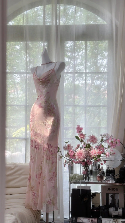 Pink Delicate Floral Long Chiffon Ball Gown Evening Dress Party Dress Birthday Dress Date Dress gh4161