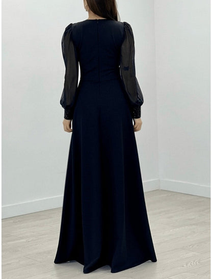 A-Line Evening Gown Sparkle & Shine Dress Formal Wedding Guest Floor Length Long Sleeve V Neck Chiffon with Glitter Pleats