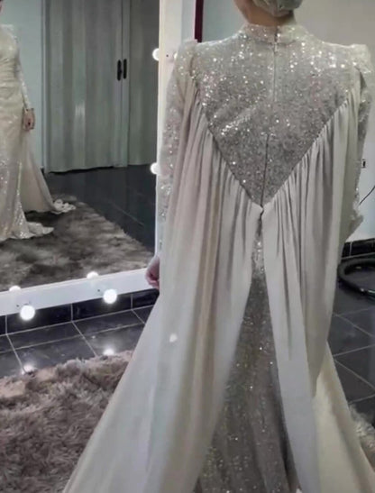 Mermaid / Trumpet Evening Gown Elegant Dress Wedding Guest Sweep / Brush Train Long Sleeve High Neck Satin with Pearls Sequin Overskirt