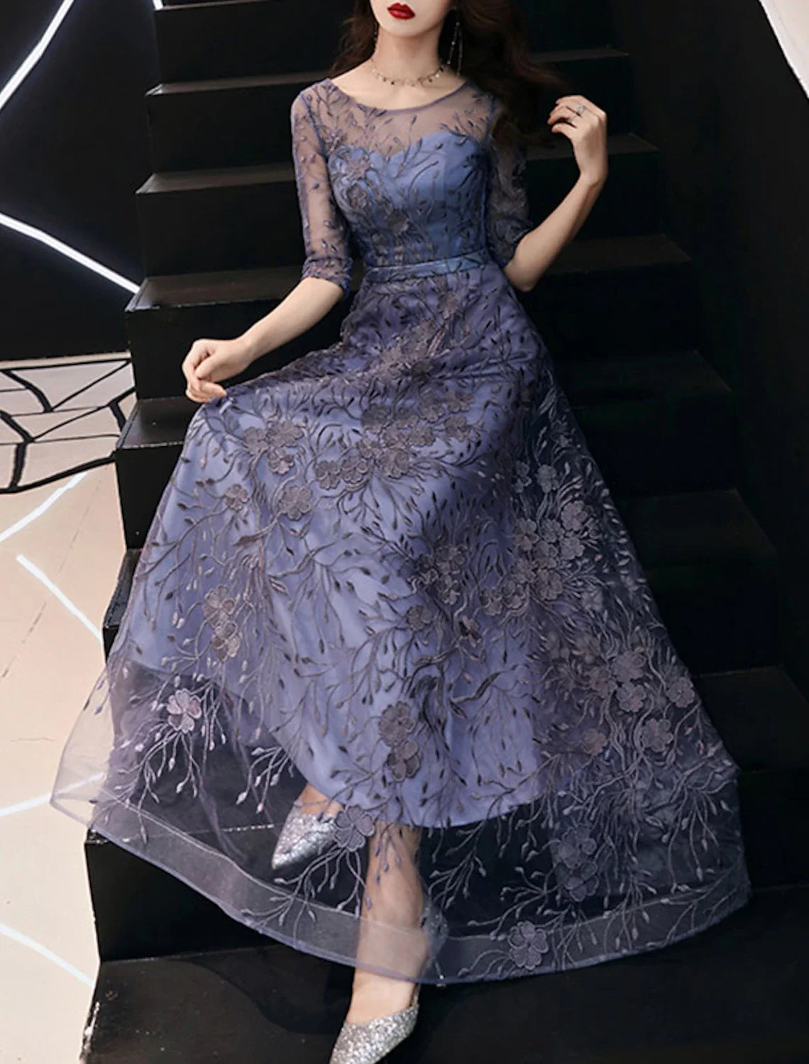 A-Line Evening Gown Elegant Dress Wedding Guest Formal Evening Floor Length Half Sleeve Jewel Neck Tulle with Embroidery Pattern / Print