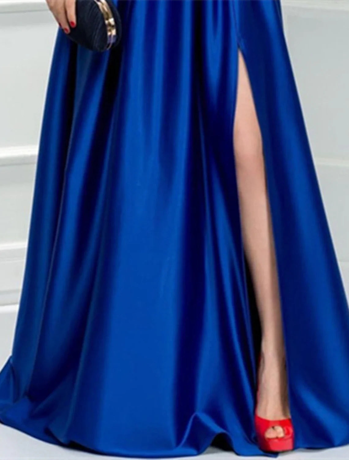 A-Line Evening Gown Elegant Dress Formal Wedding Guest Floor Length Long Sleeve V Neck Satin with Slit Appliques 2026