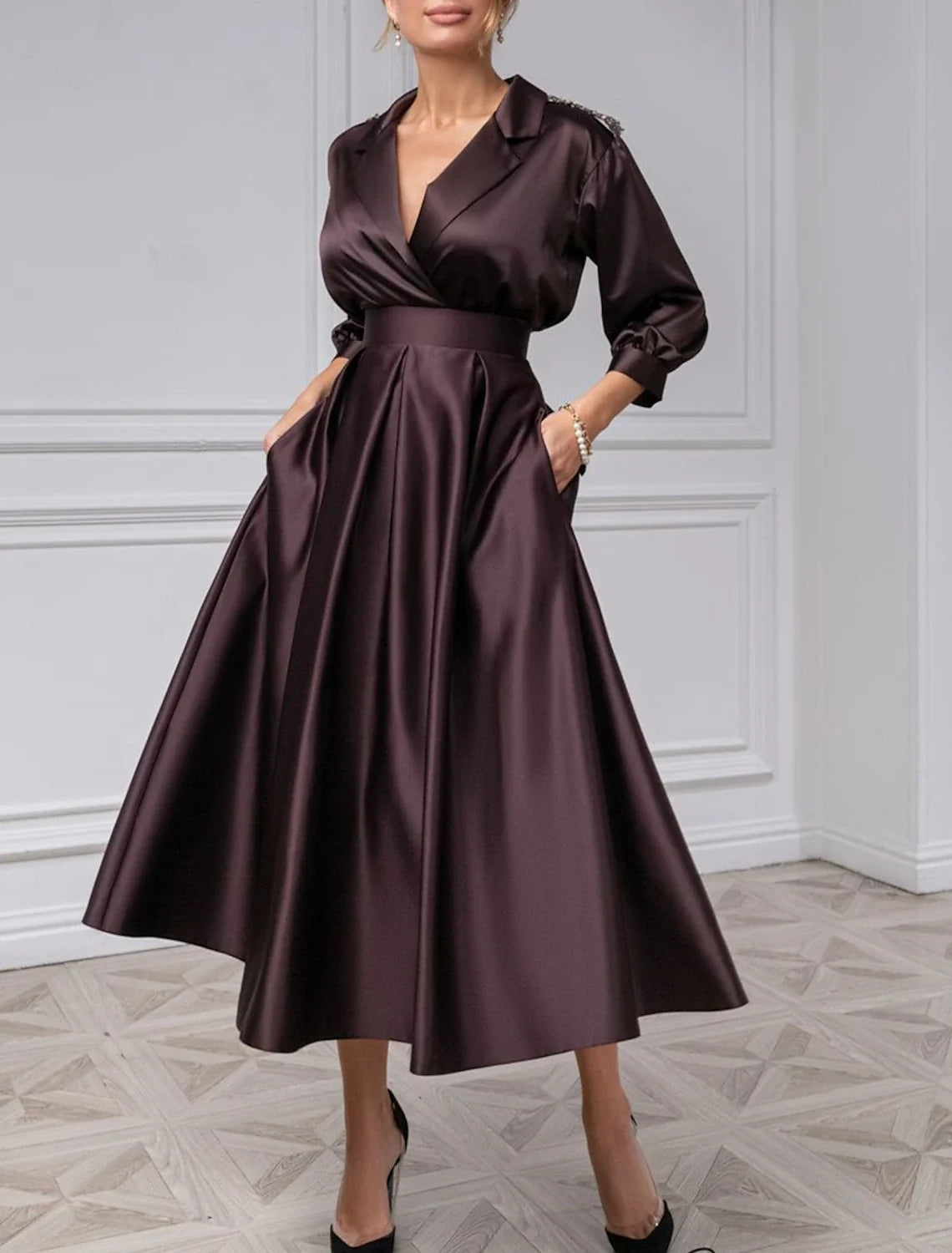 A-Line Cocktail Dresses Vintage Black Dress Plus Size Wedding Guest Evening Party Tea Length 3/4 Length Sleeve Shirt Collar Satin with Pleats 2026