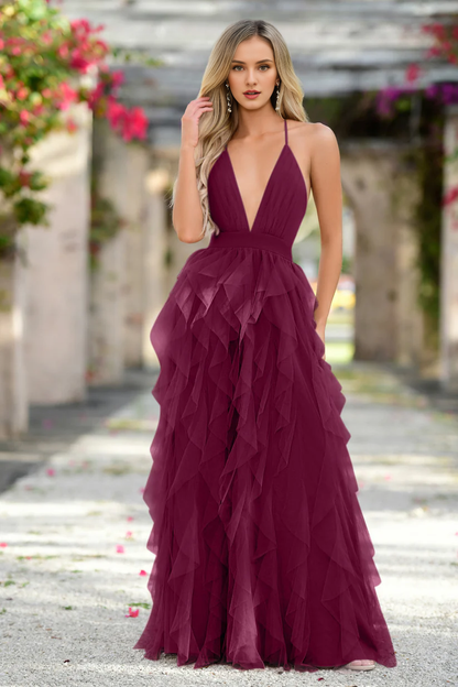 Sleeveless V-neck slim shoulder strap pleated bust, backless cross dress