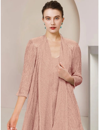 Two Piece Mother of the Bride Dress Simple Petite Scoop Neck Knee Length Lace 3/4 Length Sleeve with Pleats Solid Color