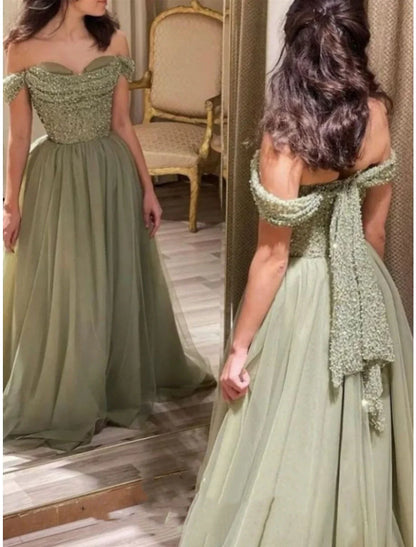 A-Line Prom Dresses Elegant Dress Formal Sweep / Brush Train Formal Red Green Dress Short Sleeve Off Shoulder Tulle with Glitter Pleats Ruched