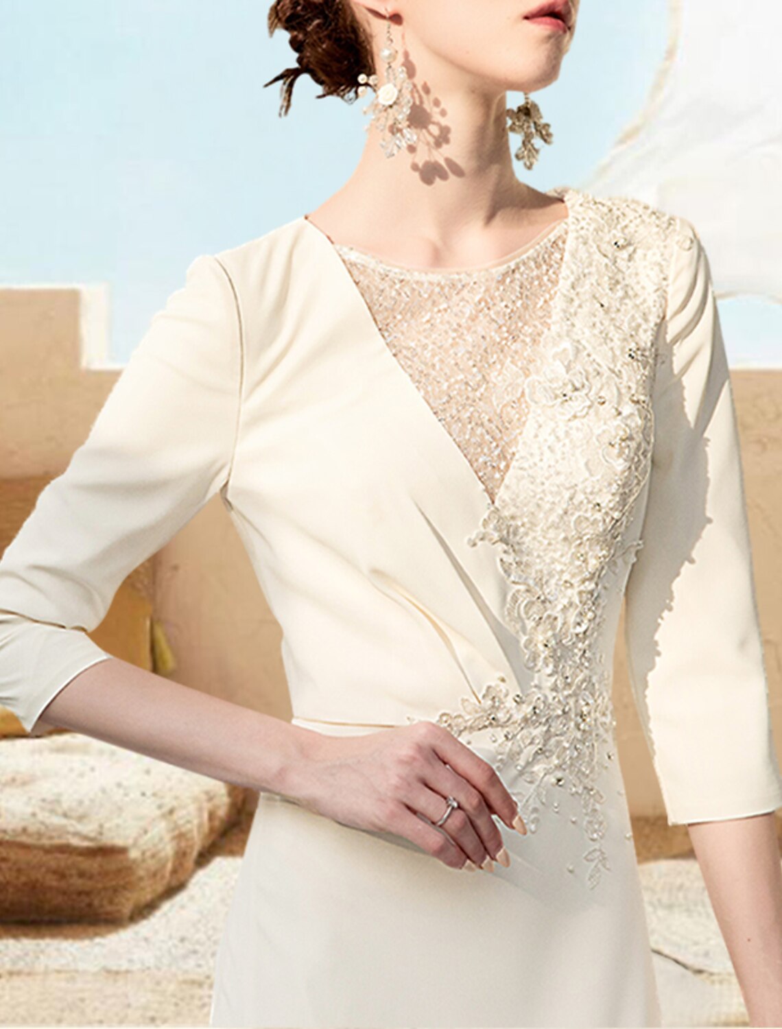 A-Line Evening Gown Elegant Dress Formal Wedding Guest Floor Length 3/4 Length Sleeve V Neck Chiffon with Appliques Pure Color 2026