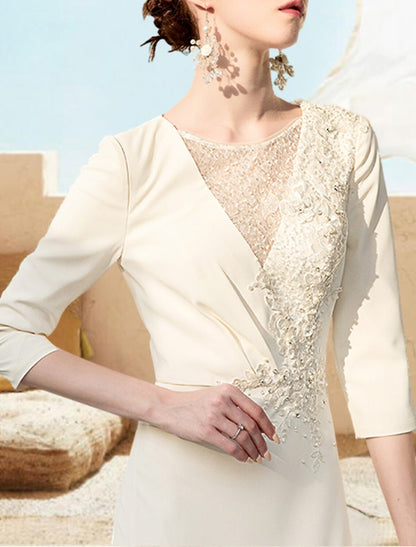 A-Line Evening Gown Elegant Dress Formal Wedding Guest Floor Length 3/4 Length Sleeve V Neck Chiffon with Appliques Pure Color 2026