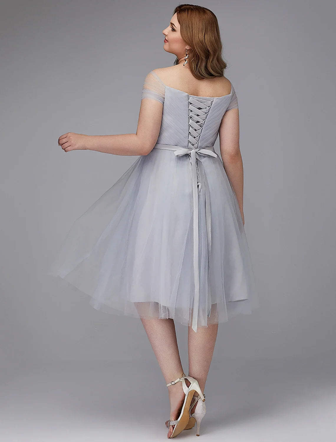 A-Line Elegant Dress Wedding Guest Cocktail Party Tea Length Short Sleeve Off Shoulder Tulle with Sash / Ribbon Criss Cross