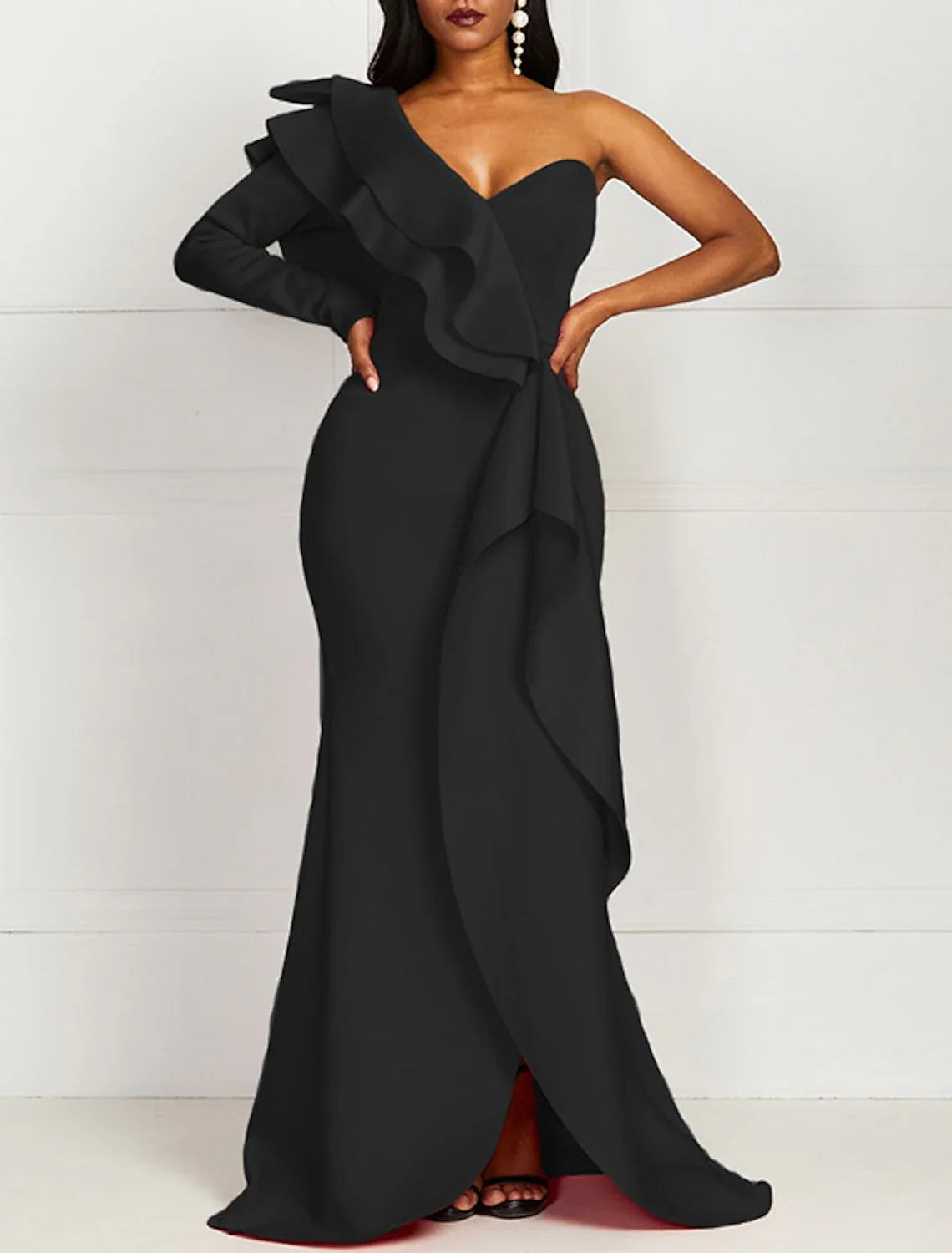 Mermaid / Trumpet Evening Gown Elegant Dress Formal Evening Floor Length Long Sleeve One Shoulder Fall Wedding Guest Fabric with Ruffles Pure Color