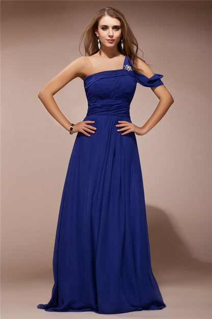 Sheath/Column One Shoulder Ruffles Rhinestone Sleeveless Long Chiffon Dresses