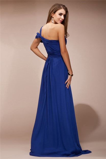 Sheath/Column One Shoulder Ruffles Rhinestone Sleeveless Long Chiffon Dresses