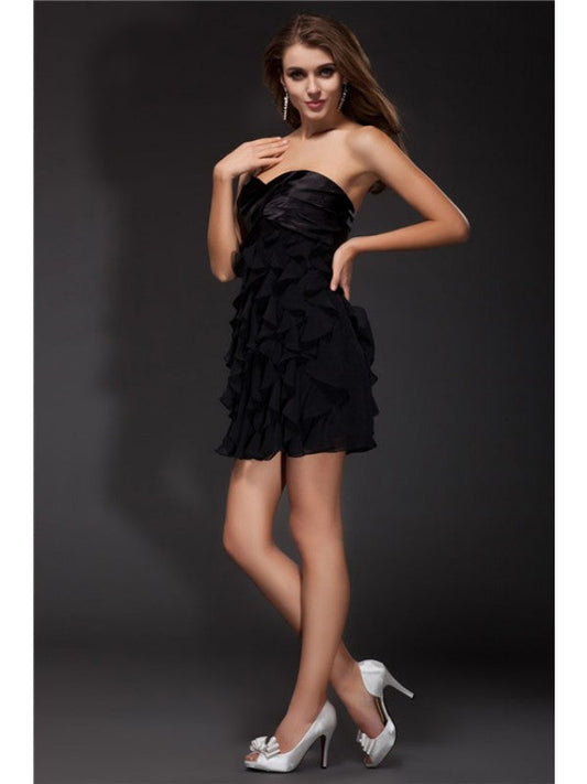 Sheath/Column Ruffles Sleeveless Short Chiffon Woven Satin Cocktail Dresses