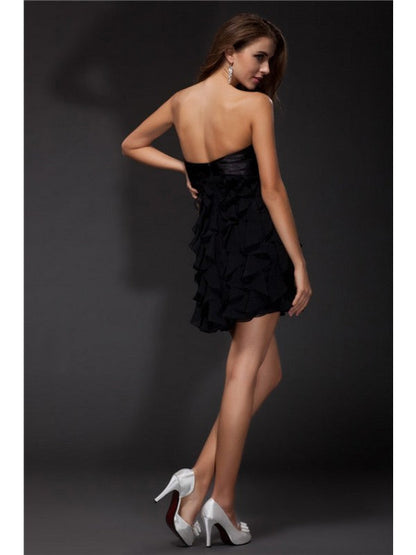 Sheath/Column Ruffles Sleeveless Short Chiffon Woven Satin Cocktail Dresses