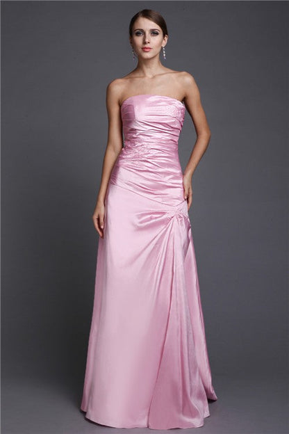 A-Line/Princess Strapless Long Beading Woven Satin Dresses