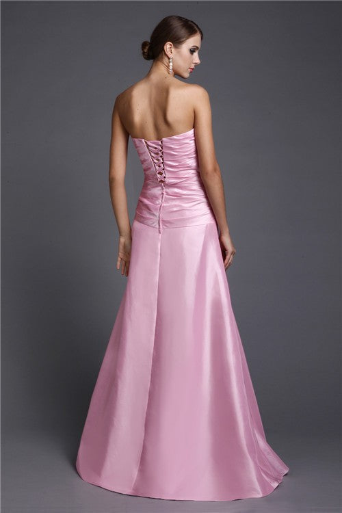 A-Line/Princess Strapless Long Beading Woven Satin Dresses