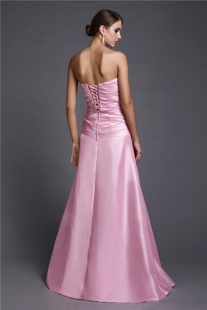 A-Line/Princess Strapless Long Beading Woven Satin Dresses